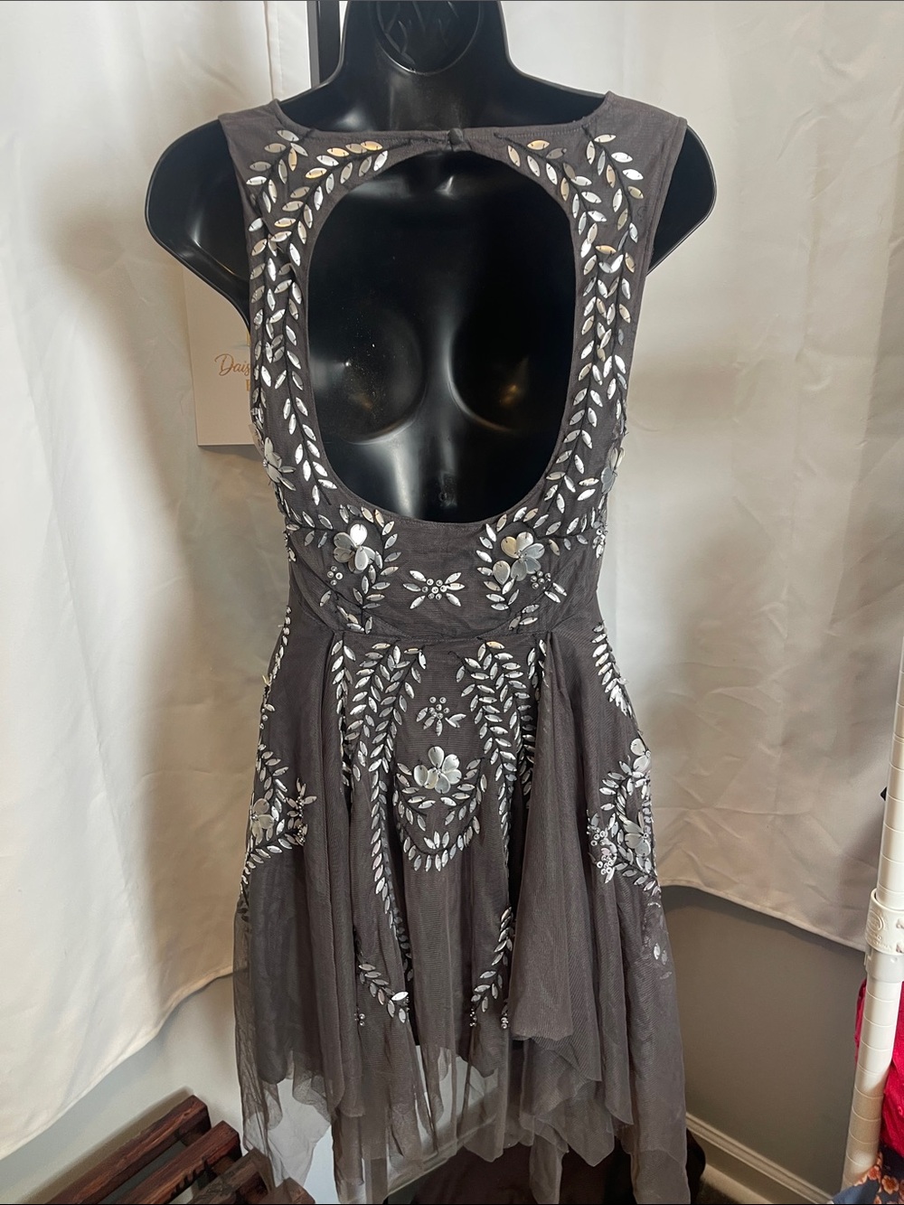 Nordstrom Black Mesh Embroidered Cutout Mini Dress - Picture 2 of 2